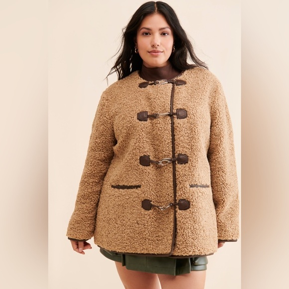 Avec Les Filles Faux Fur Toggle Coat Sherpa Shearling Brown - Picture 3 of 16